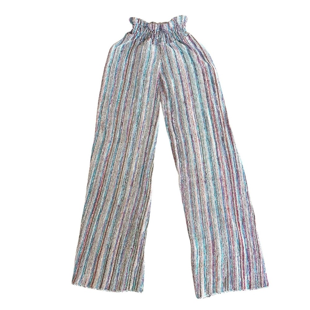 Y2K Boho Wide Leg Rainbow Striped Textured Pants XS Indie Festival Earthy Artsy - Picture 2 of 7